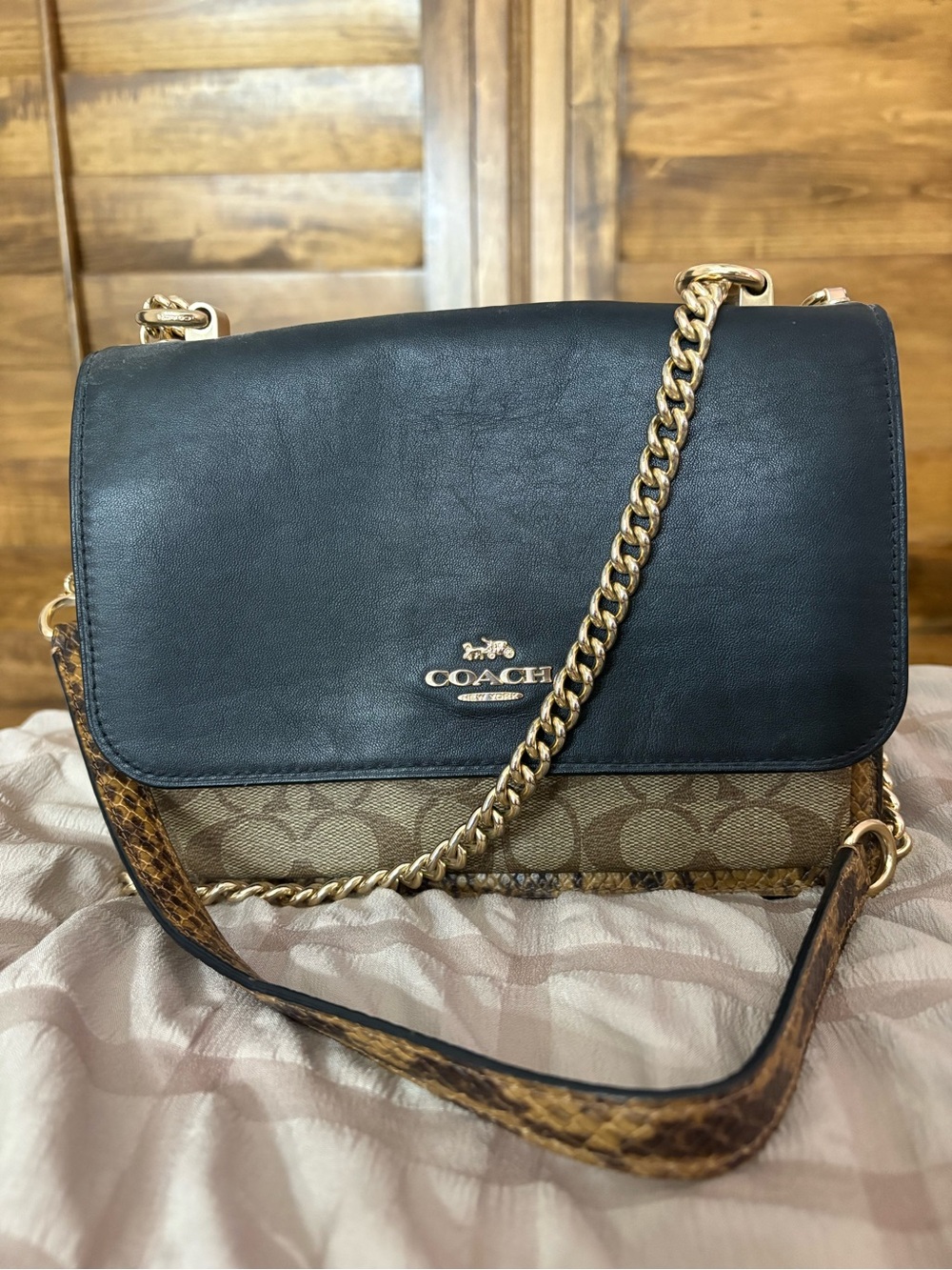 Coach Black Leather & Signature Canvas Crossbody with Gold Chain